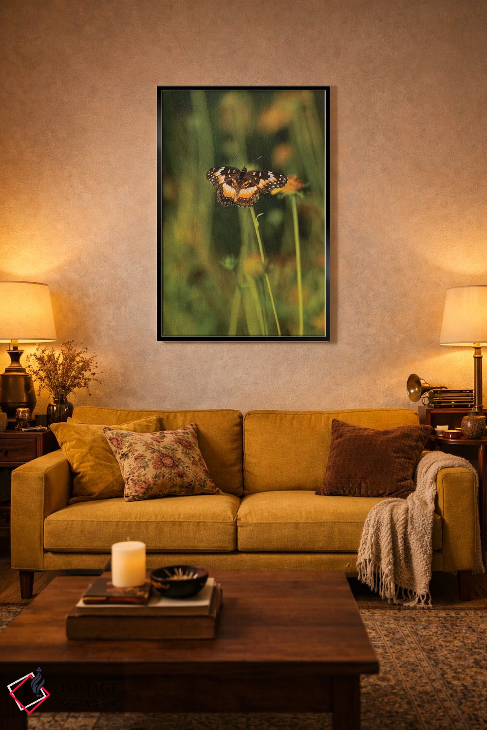 تابلو دکوراتیو پروانه بوردر پچ نشسته روی گل اثر لری دیتو - D4B