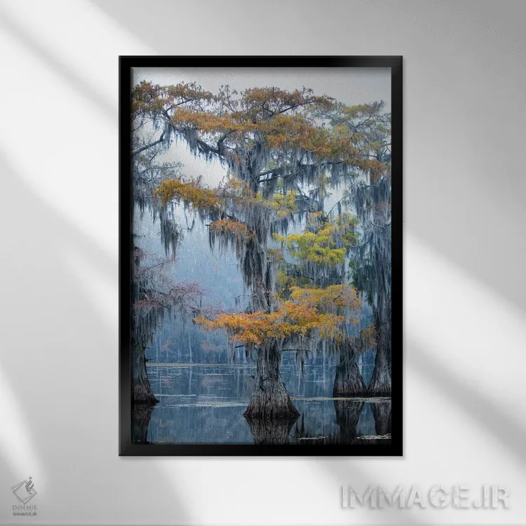 تابلو دکوراتیو سرو باتلاقی در رنگ های پاییز اثر لری دیتو - نمای قابدار مشکی