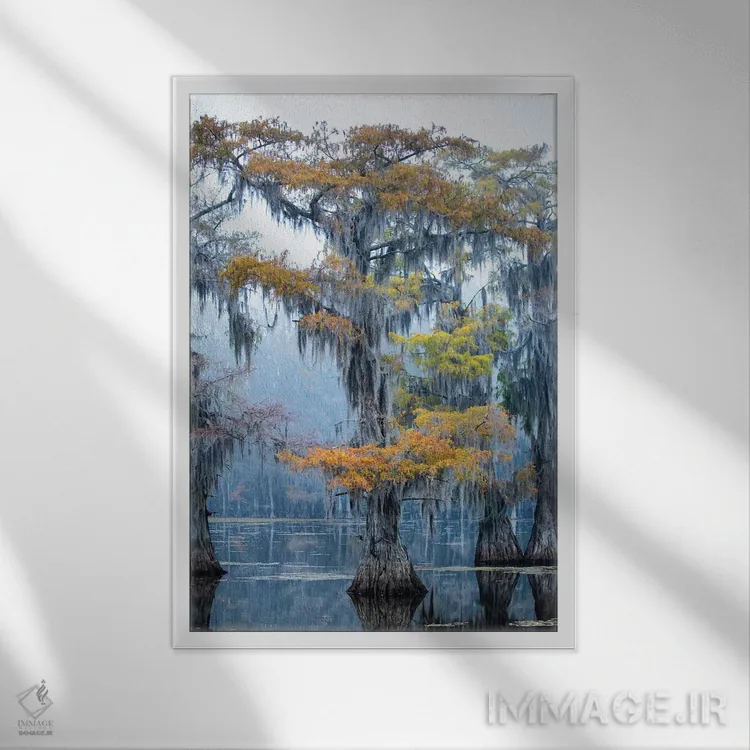 تابلو دکوراتیو سرو باتلاقی در رنگ های پاییز اثر لری دیتو - نمای قابدار سفید