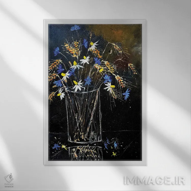 تابلو دکوراتیو طبیعت بی جان با گل های صحرایی اثر پل لدنت - نمای قابدار سفید