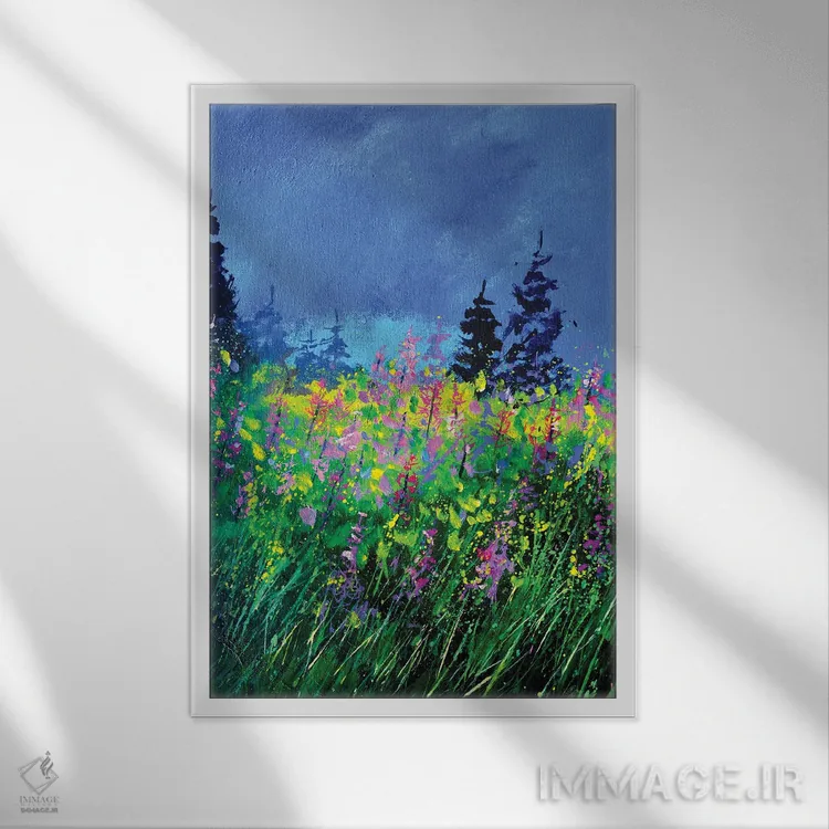 تابلو انتزاعی گل های گل مینا اثر پل لدنت - نمای قابدار سفید