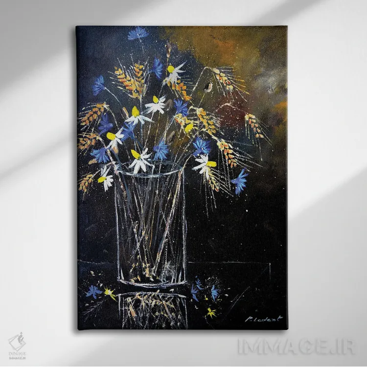 تابلو انتزاعی طبیعت بی جان با گل های گندم نمای آبی اثر پل لدنت - نمای روبهرو روی دیوار