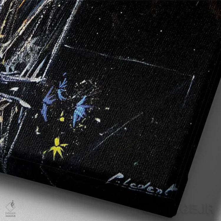 تابلو انتزاعی طبیعت بی جان با گل های گندم نمای آبی اثر پل لدنت - نمای نزدیک بافت بوم