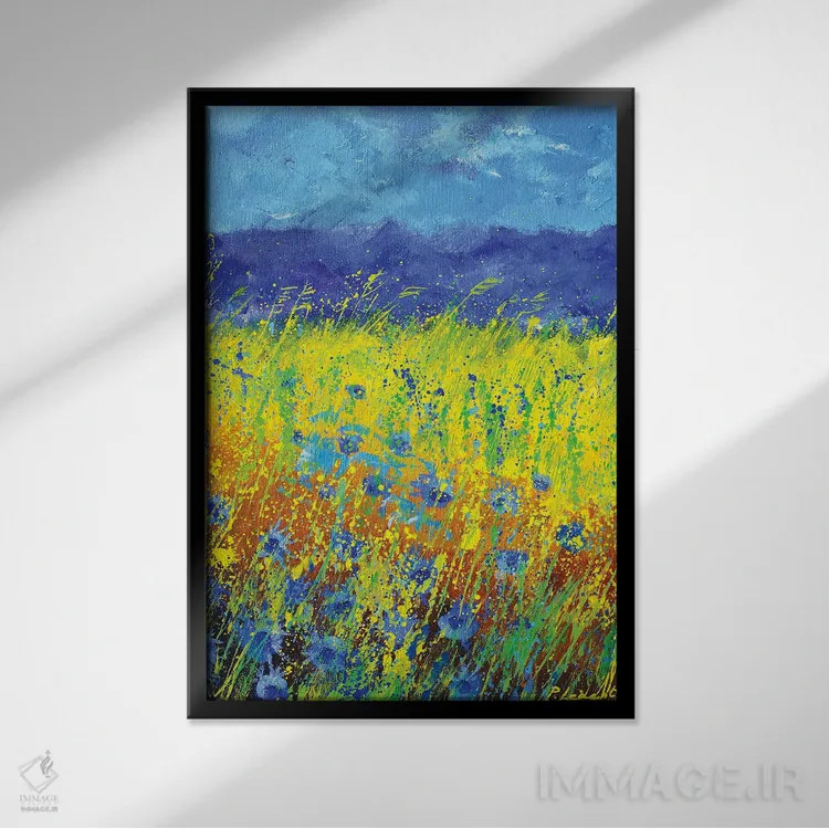 تابلو دکوراتیو گل های گندم نمای آبی اثر پل لدنت - نمای قابدار مشکی