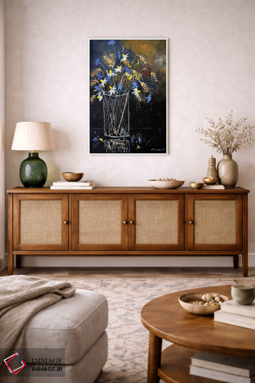 تابلو انتزاعی طبیعت بی جان با گل های گندم نمای آبی اثر پل لدنت - D2W