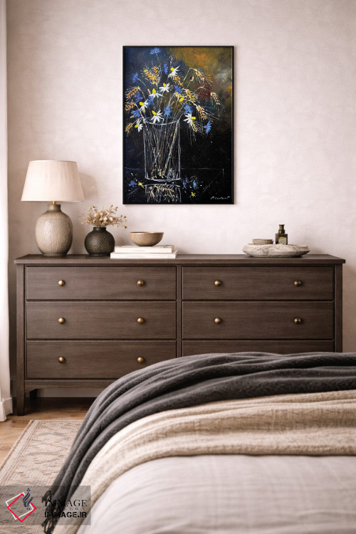 تابلو انتزاعی طبیعت بی جان با گل های گندم نمای آبی اثر پل لدنت - D4B