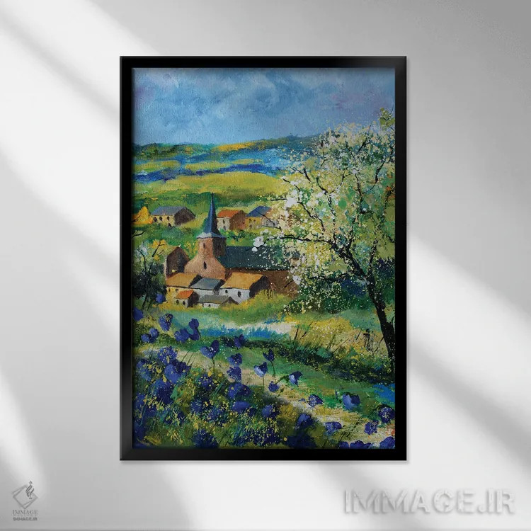 تابلو انتزاعی شقایق های آبی در ویتریوال اثر پل لدنت - نمای قابدار مشکی