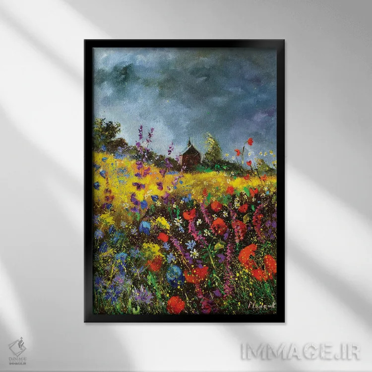 تابلو دکوراتیو کلیسای کوچک قدیمی و شقایق ها اثر پل لدنت - نمای قابدار مشکی
