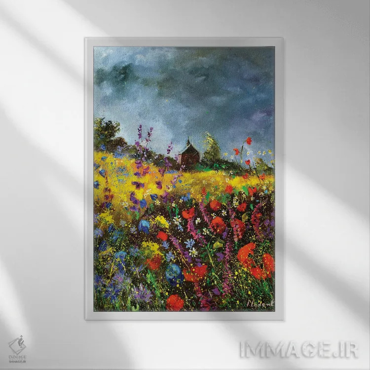 تابلو دکوراتیو کلیسای کوچک قدیمی و شقایق ها اثر پل لدنت - نمای قابدار سفید