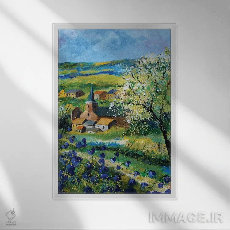 تابلو انتزاعی شقایق های آبی در ویتریوال اثر پل لدنت - نمای قابدار سفید