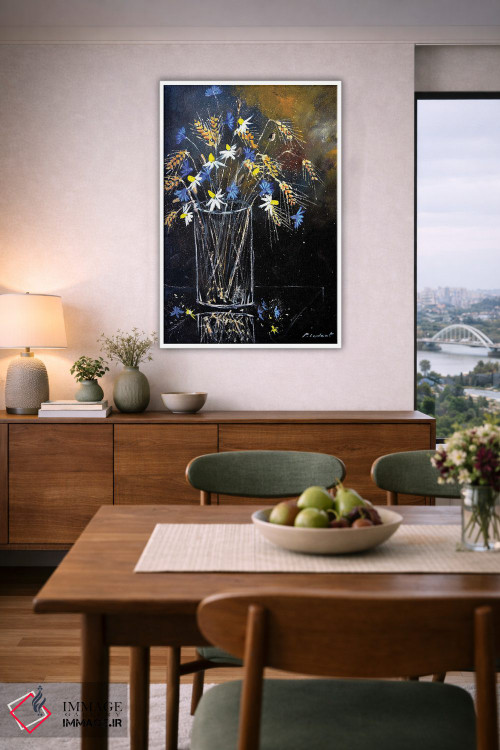 تابلو انتزاعی طبیعت بی جان با گل های گندم نمای آبی اثر پل لدنت - D5W