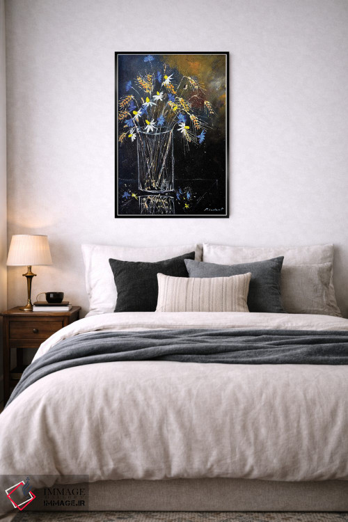 تابلو انتزاعی طبیعت بی جان با گل های گندم نمای آبی اثر پل لدنت - D6B