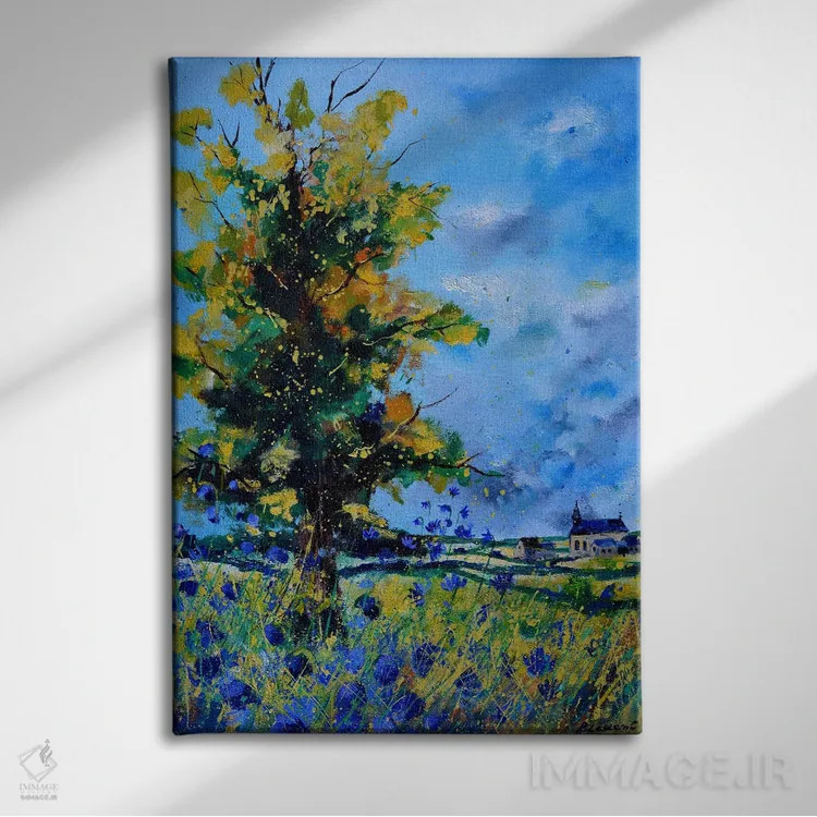 تابلو دکوراتیو بلوط و گل گندمی آبی اثر پل لدنت - نمای روبهرو روی دیوار