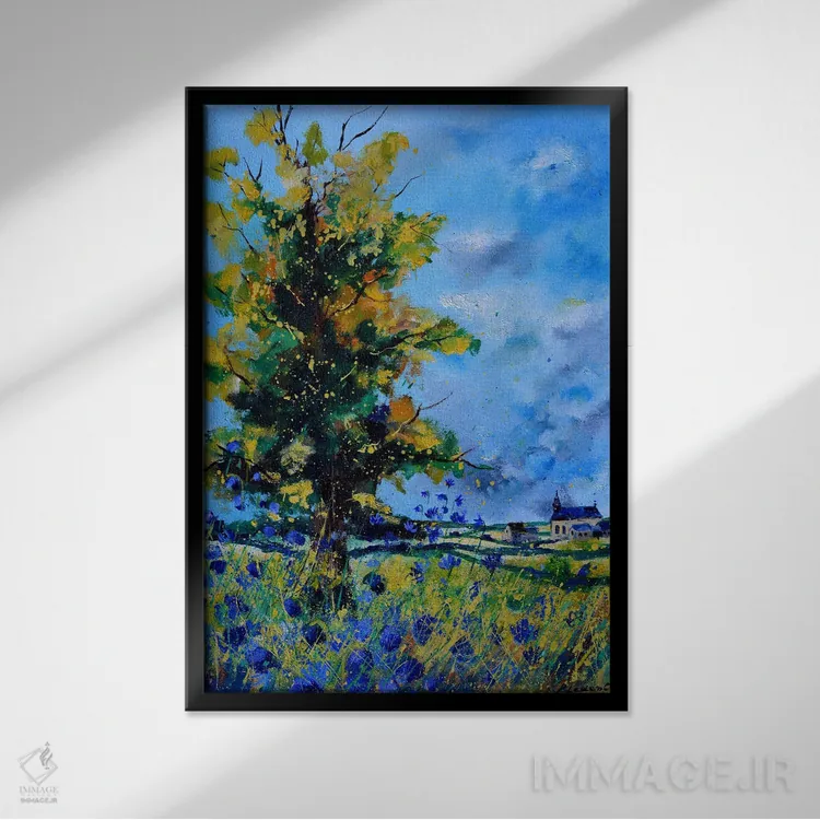 تابلو دکوراتیو بلوط و گل گندمی آبی اثر پل لدنت - نمای قابدار مشکی