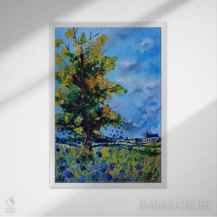 تابلو دکوراتیو بلوط و گل گندمی آبی اثر پل لدنت - نمای قابدار سفید