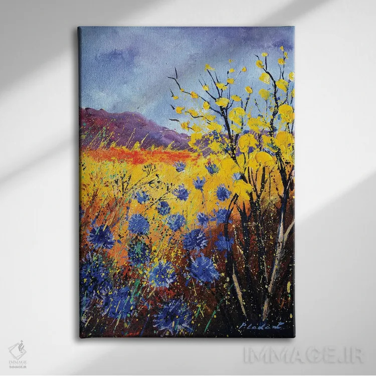 تابلو انتزاعی گل گندمی آبی اثر پل لدنت - نمای روبهرو روی دیوار