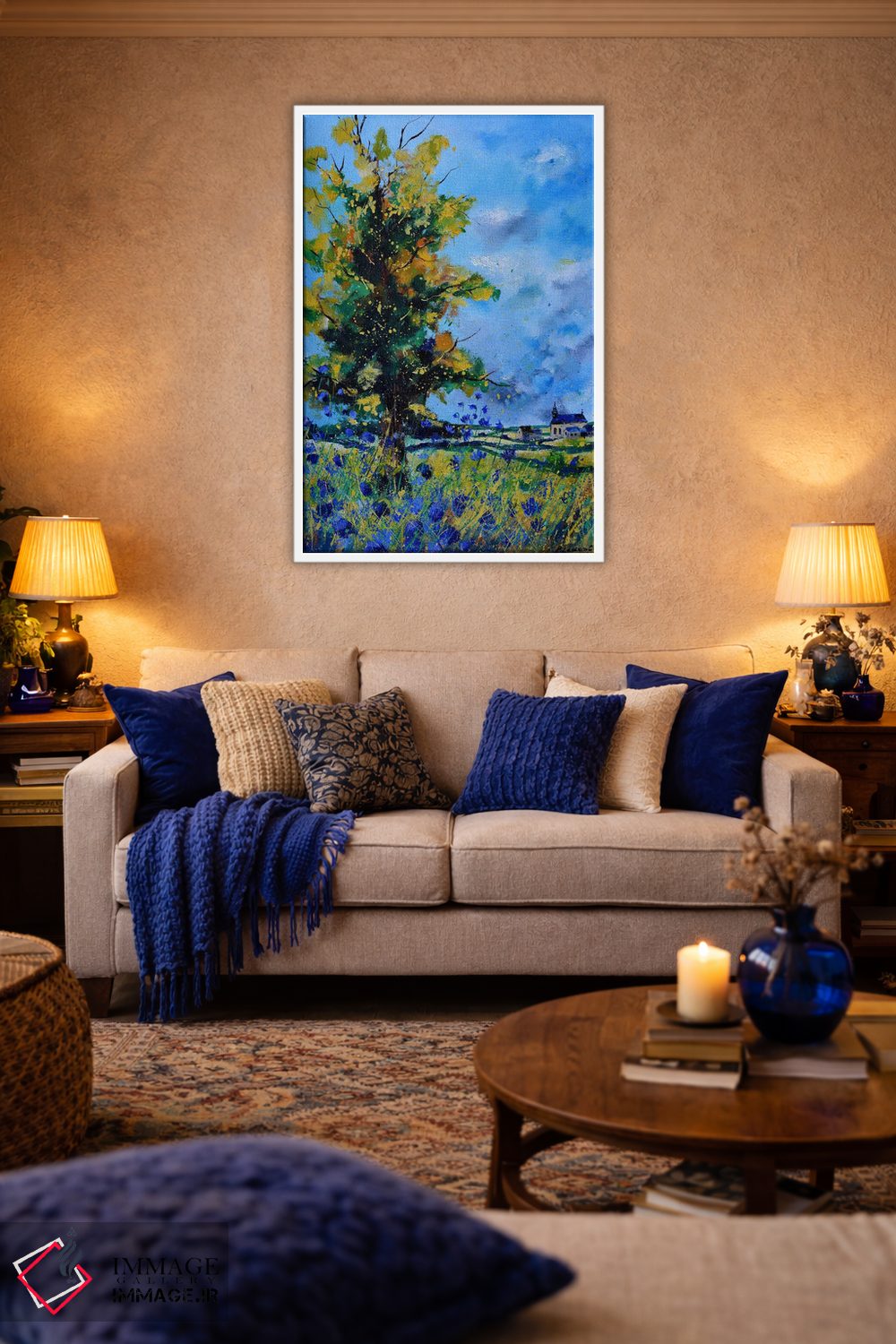 تابلو دکوراتیو بلوط و گل گندمی آبی اثر پل لدنت - D2W