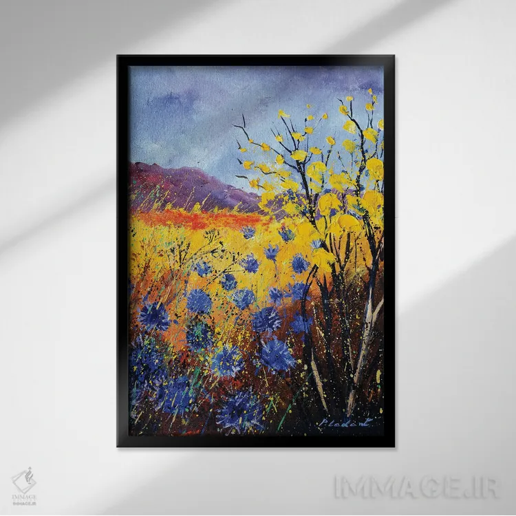 تابلو انتزاعی گل گندمی آبی اثر پل لدنت - نمای قابدار مشکی