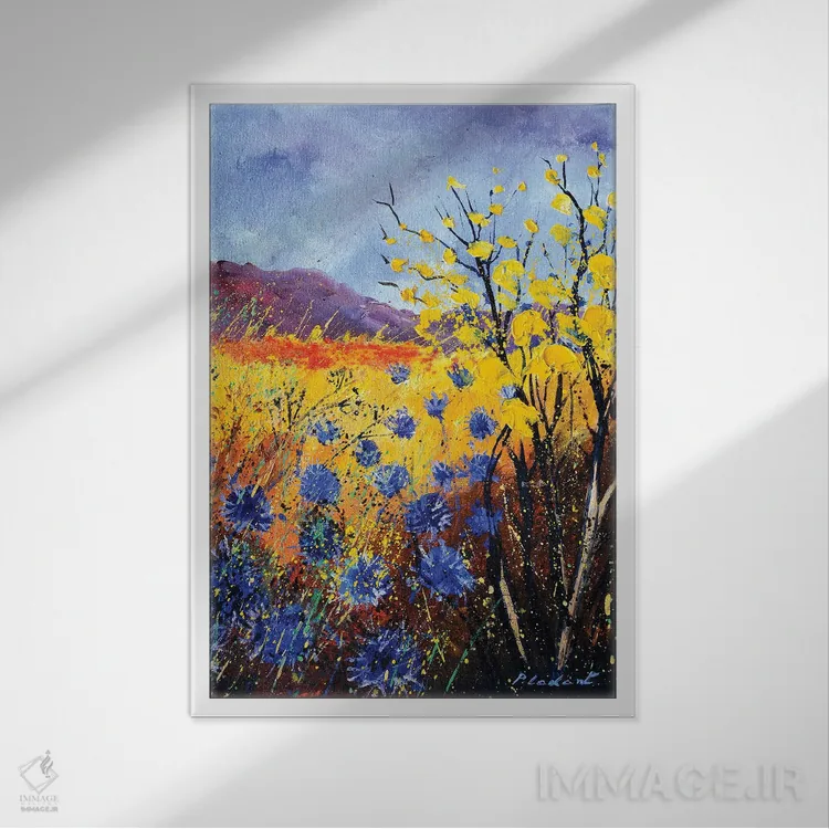 تابلو انتزاعی گل گندمی آبی اثر پل لدنت - نمای قابدار سفید