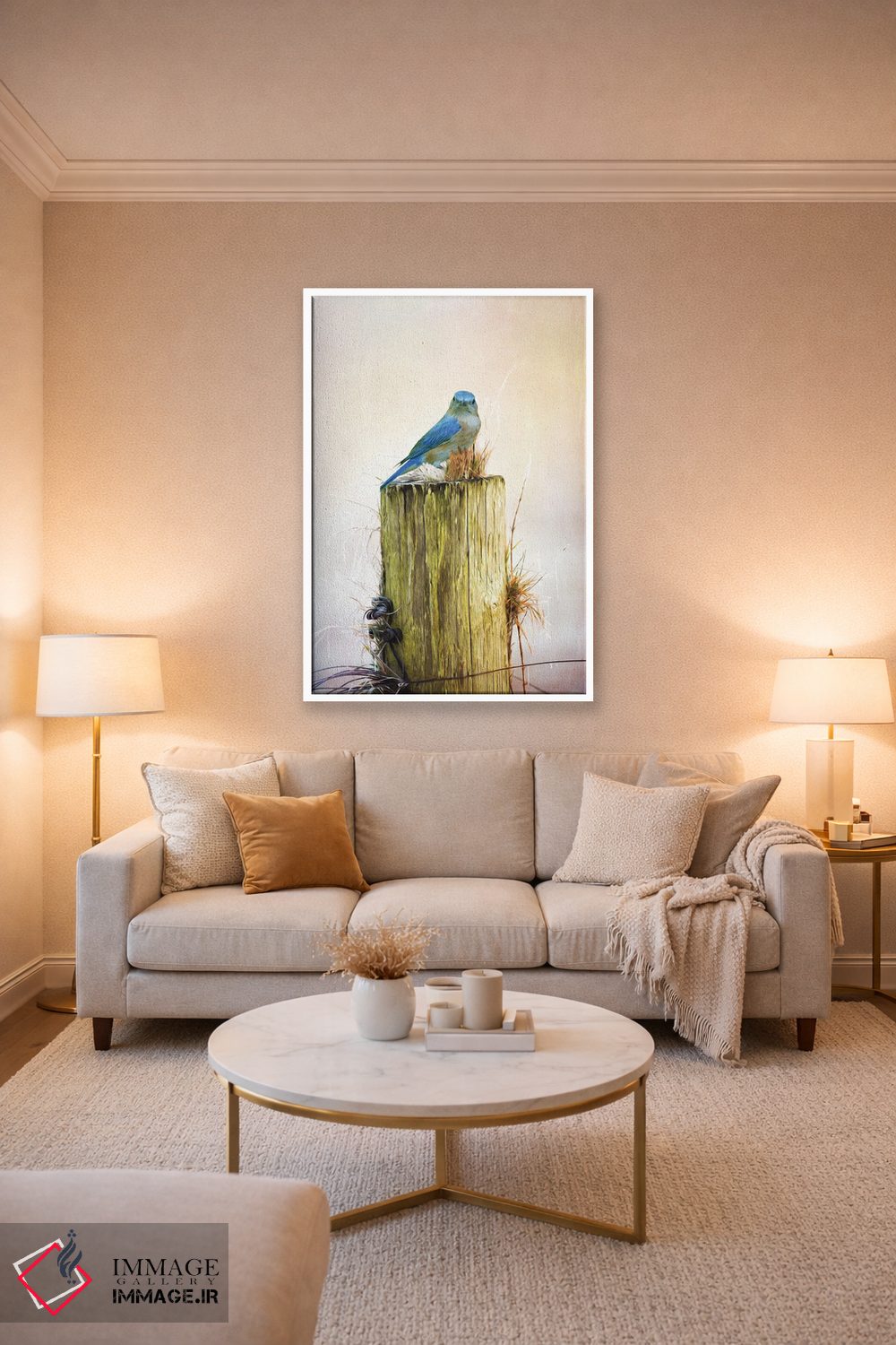 تابلو دکوراتیو مرغ آبی ماده روی تیرک حصار اثر لورا دی یانگ - D3W