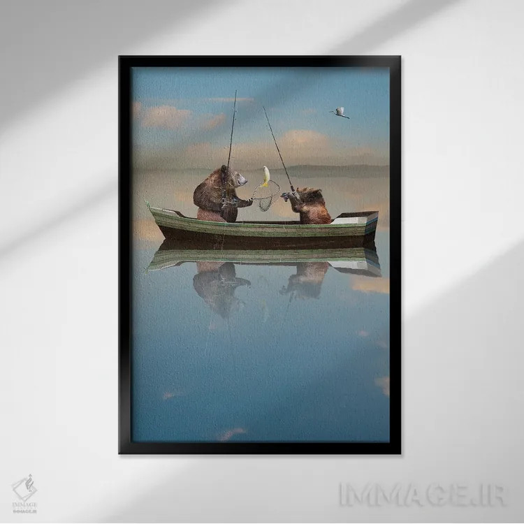 تابلو دکوراتیو خرس های ماهیگیر اثر لوند روزر - نمای قابدار مشکی