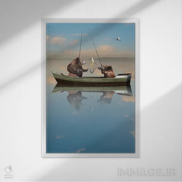 تابلو دکوراتیو خرس های ماهیگیر اثر لوند روزر - نمای قابدار سفید
