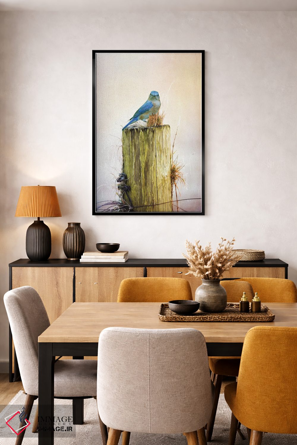 تابلو دکوراتیو مرغ آبی ماده روی تیرک حصار اثر لورا دی یانگ - D6B