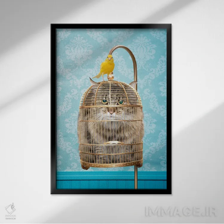 تابلو دکوراتیو گربه در قفس اثر لوند روزر - نمای قابدار مشکی