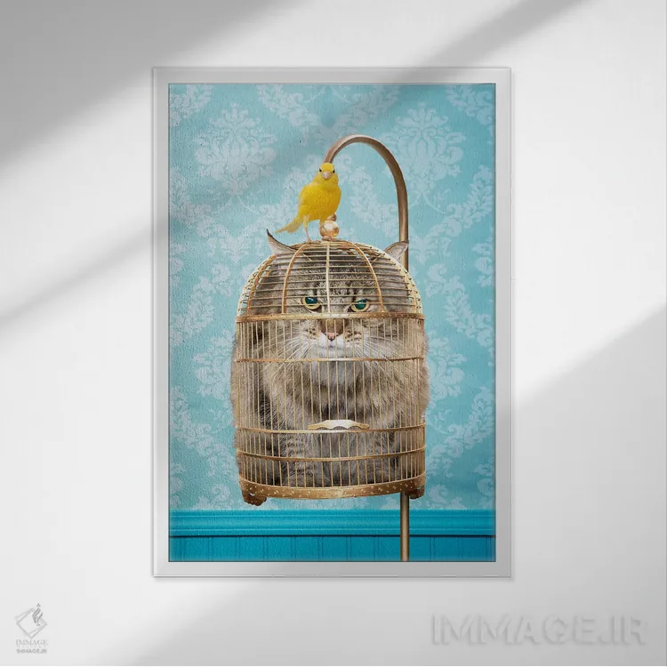 تابلو دکوراتیو گربه در قفس اثر لوند روزر - نمای قابدار سفید