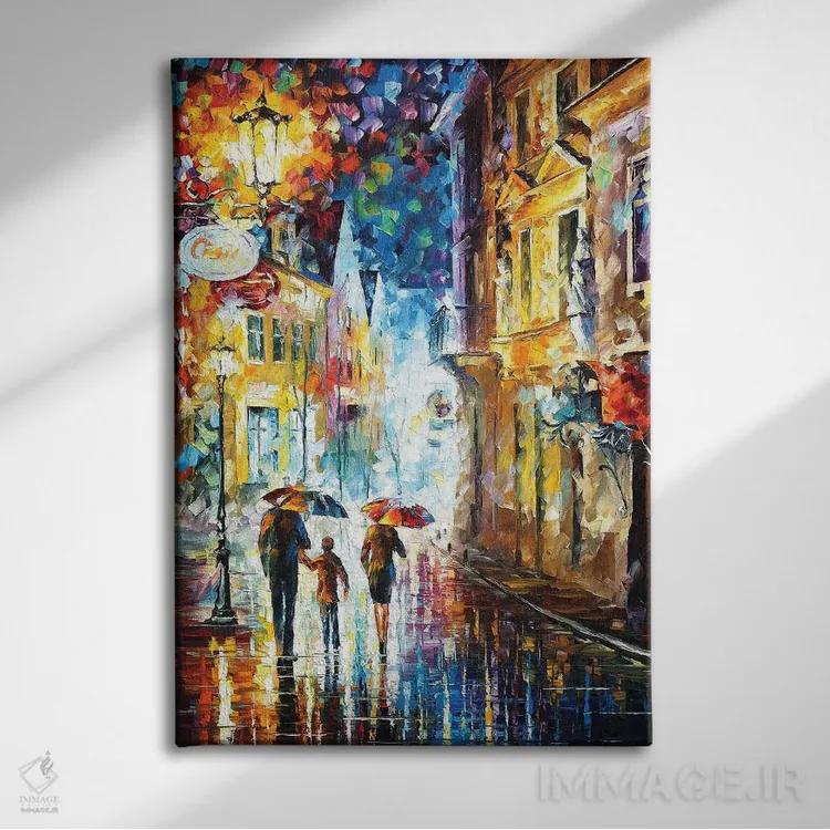 تابلو دکوراتیو خانواده زیر باران اثر لئونید آفرموف - نمای روبهرو روی دیوار
