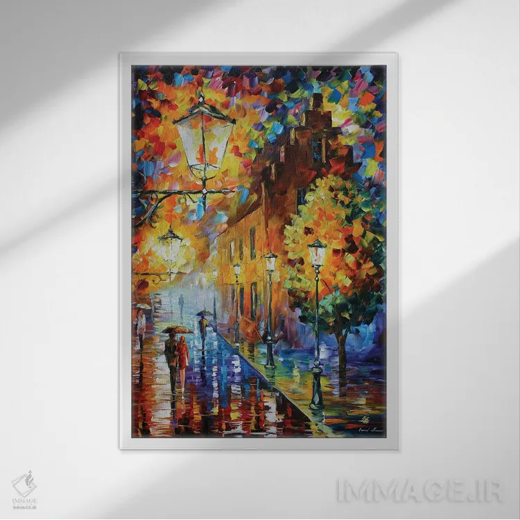 تابلو دکوراتیو چراغ ها در شب اثر لئونید آفرموف - نمای قابدار سفید