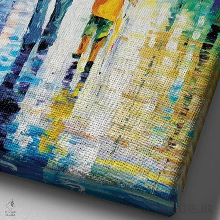 تابلو دکوراتیو پیاده روی بارانی با پدر اثر لئونید آفرموف - نمای نزدیک بافت بوم