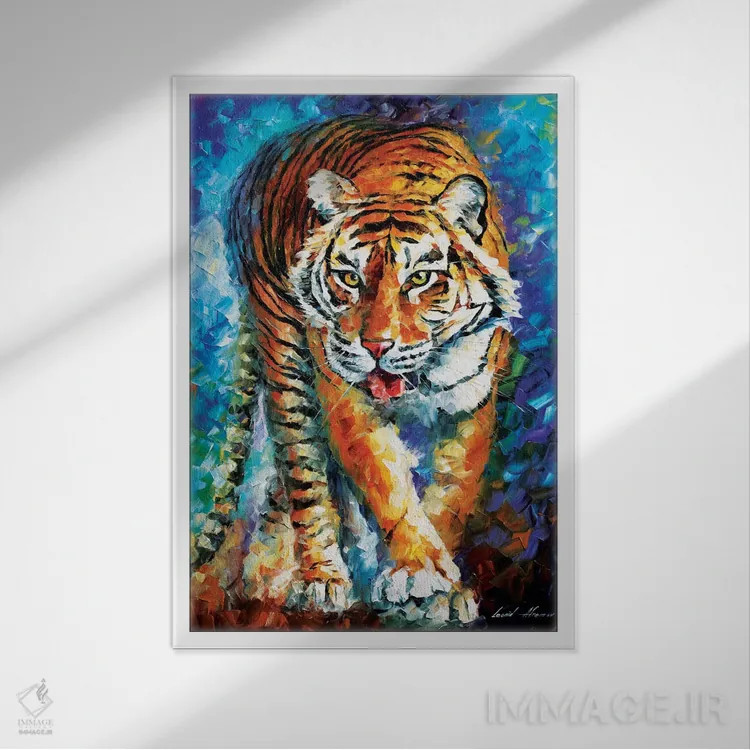 تابلو دکوراتیو ببر ترسناک اثر لئونید آفرموف - نمای قابدار سفید