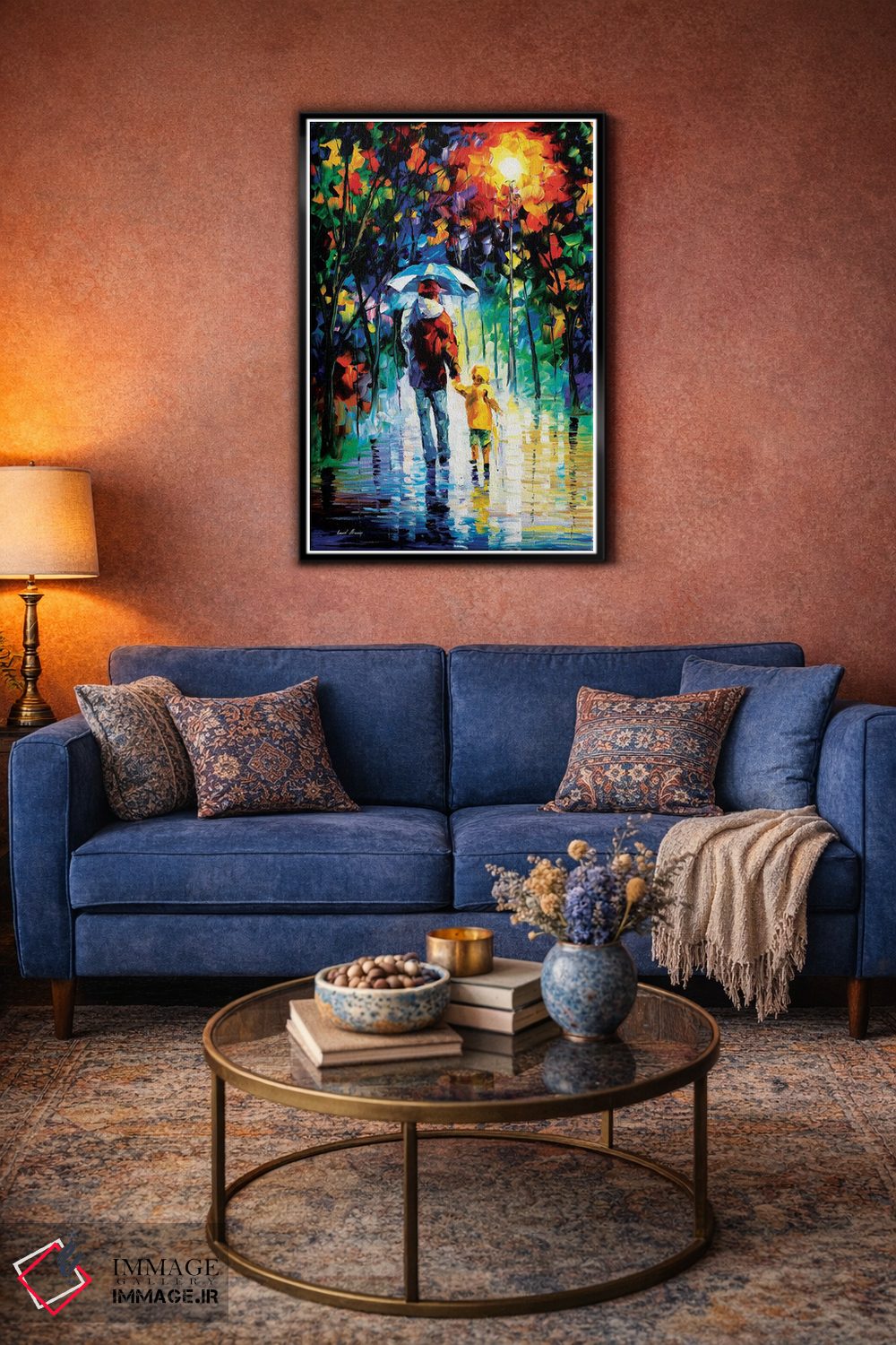 تابلو دکوراتیو پیاده روی بارانی با پدر اثر لئونید آفرموف - D5B