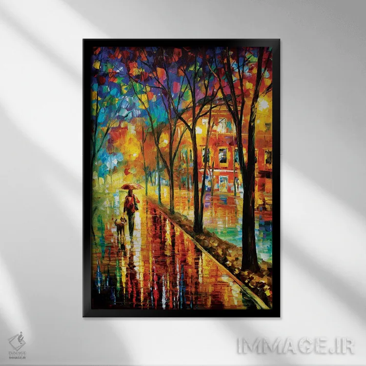 تابلو دکوراتیو قدم زدن با سگ اثر لئونید آفرموف - نمای قابدار مشکی