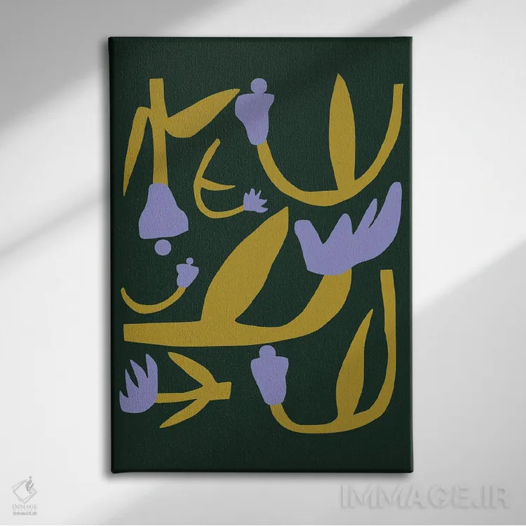 تابلو انتزاعی بریدگی گل بنفش و طلایی اثر لیتل باور - نمای روبهرو روی دیوار
