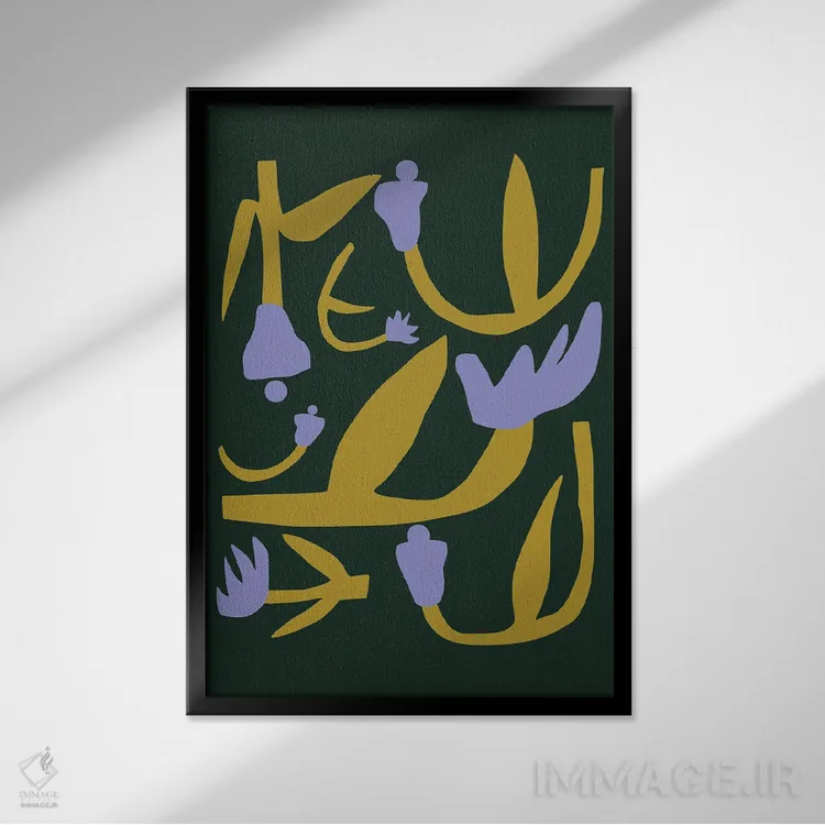 تابلو انتزاعی بریدگی گل بنفش و طلایی اثر لیتل باور - نمای قابدار مشکی
