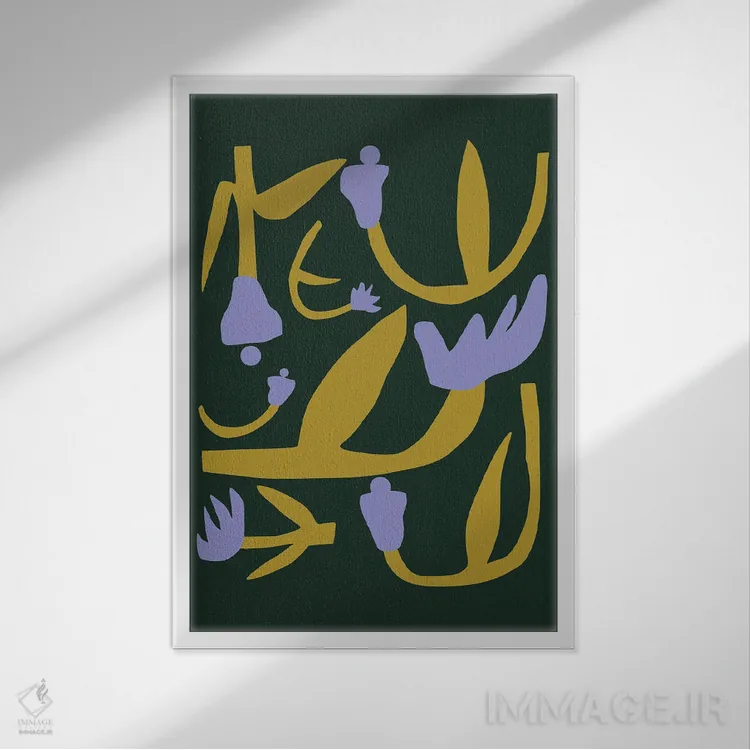 تابلو انتزاعی بریدگی گل بنفش و طلایی اثر لیتل باور - نمای قابدار سفید