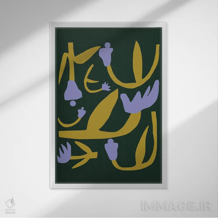 تابلو انتزاعی بریدگی گل بنفش و طلایی اثر لیتل باور - نمای قابدار سفید