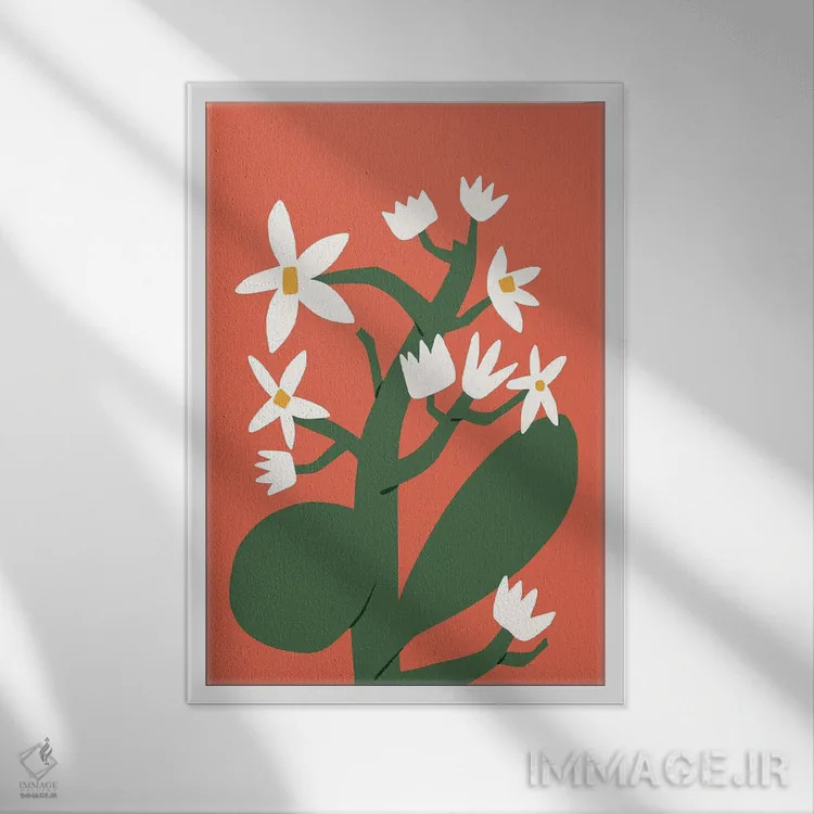 تابلو انتزاعی شکوفه سفید در زمینه قرمز اثر لیتل باور - نمای قابدار سفید
