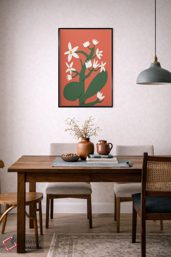 تابلو انتزاعی شکوفه سفید در زمینه قرمز اثر لیتل باور - D6B