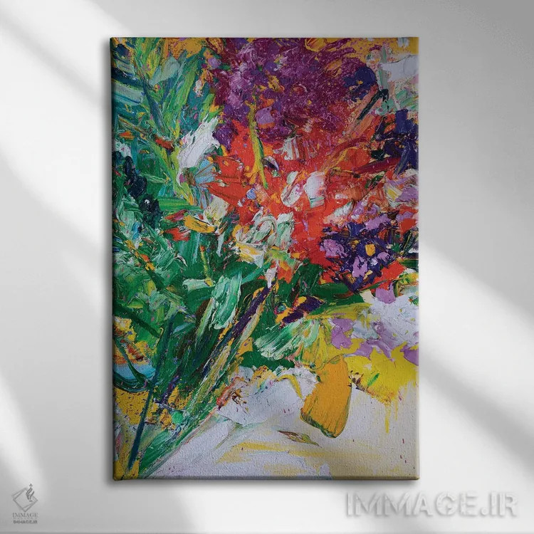 تابلو انتزاعی گل های تازه و روبان های سفید توری اثر شالیمار لگاسپی - نمای روبهرو روی دیوار