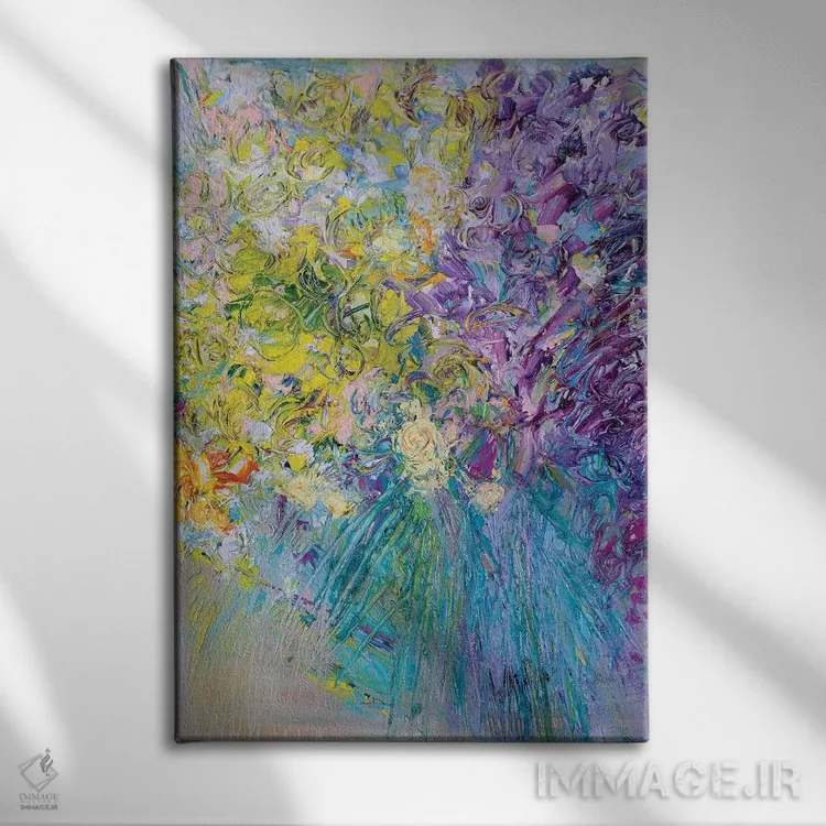 تابلو انتزاعی گل های خوش آمدگویی به خانه اثر شالیمار لگاسپی - نمای روبهرو روی دیوار