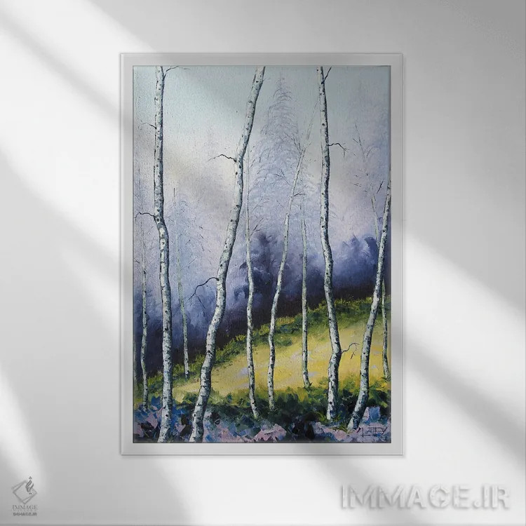 تابلو دکوراتیو جنگل باریک درختان توس اثر لیزا الی - نمای قابدار سفید