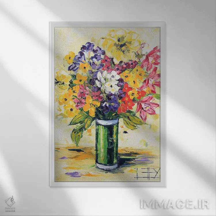 تابلو دکوراتیو طبیعت بی جان دسته گل اثر لیزا الی - نمای قابدار سفید