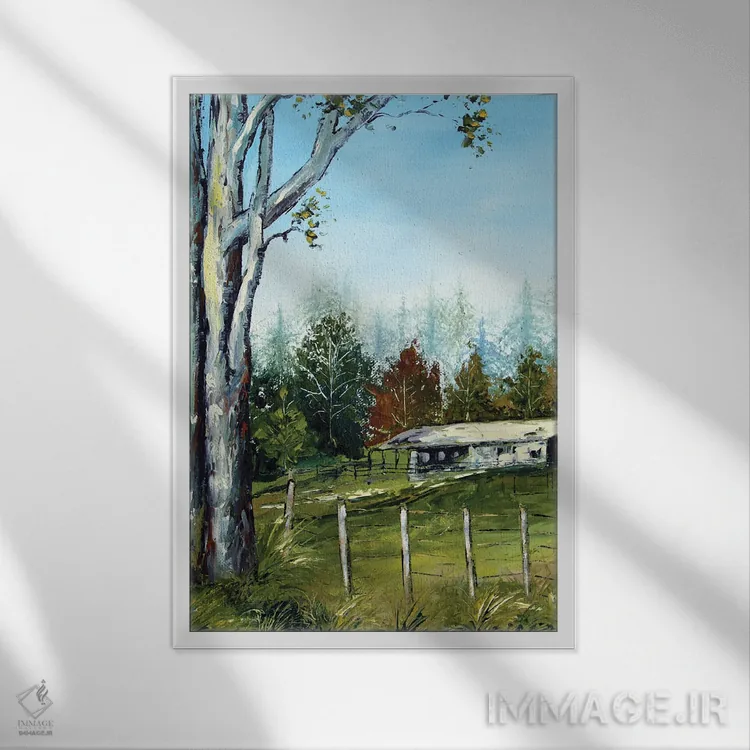 تابلو انتزاعی مزرعه ای در نیوزیلند با درختان اکالیپتوس اثر لیزا الی - نمای قابدار سفید