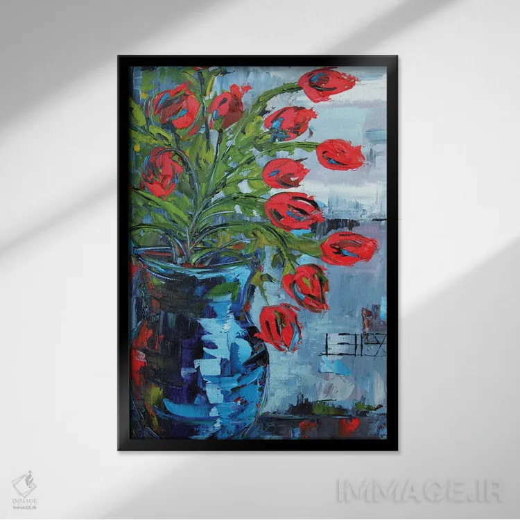 تابلو انتزاعی طبیعت بی جان لاله های قرمز اثر لیزا الی - نمای قابدار مشکی