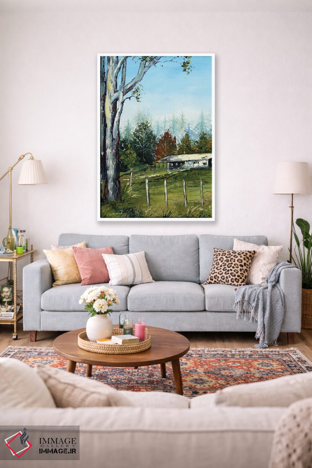 تابلو انتزاعی مزرعه ای در نیوزیلند با درختان اکالیپتوس اثر لیزا الی - D1W