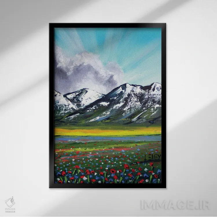 تابلو انتزاعی گل های وحشی کوهستانی اثر لیزا الی - نمای قابدار مشکی