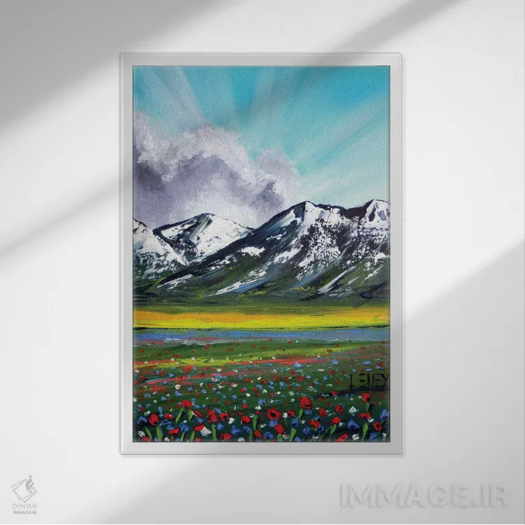 تابلو انتزاعی گل های وحشی کوهستانی اثر لیزا الی - نمای قابدار سفید